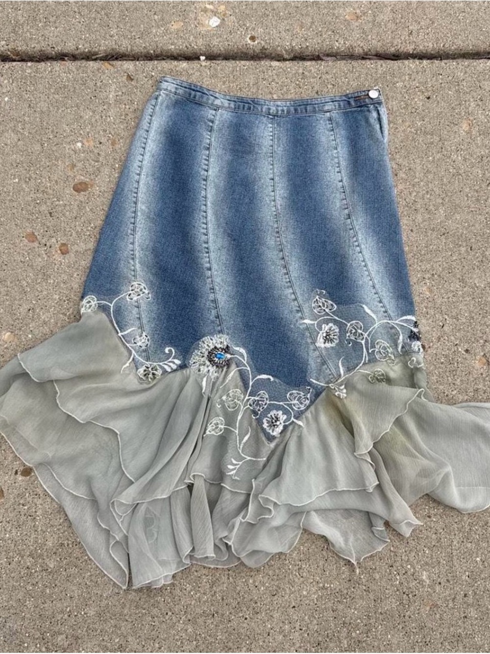 Vintage Y2K Boho Denim and Sage Ruffle Asymmetrical Skirt